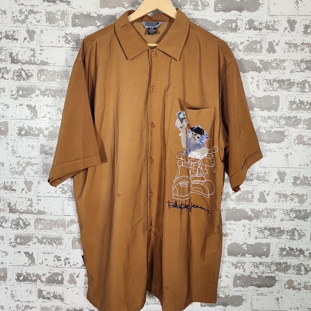 Blue Boy Shirt‎ Mens 2XL Brown Embroidered Graphic Hip Hop Streetwear Russia